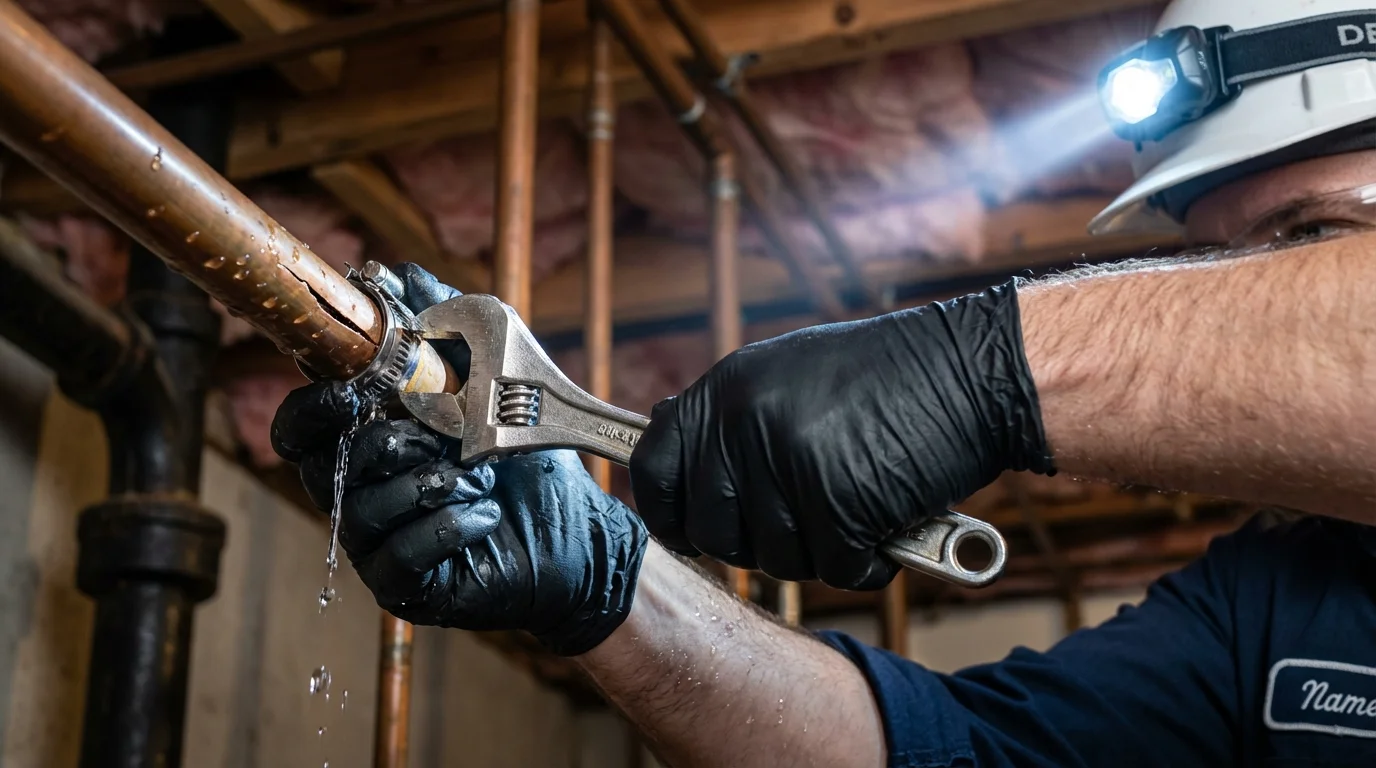 Emergency pipe clamp repair being performed by a Johns Plumbing LLC plumber in Fraser