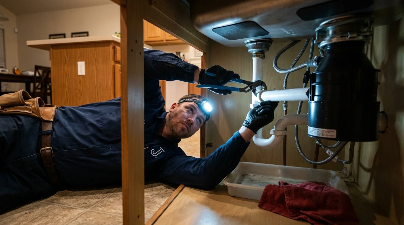 P-trap and supply line connections under a kitchen sink showing a common leak point in Fraser, MI